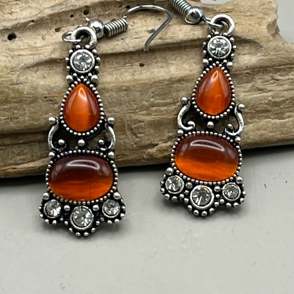 Elegant Silver Tone Orange Cabochon Dangle Earrings Rhinestone Accents - Picture 2 of 3